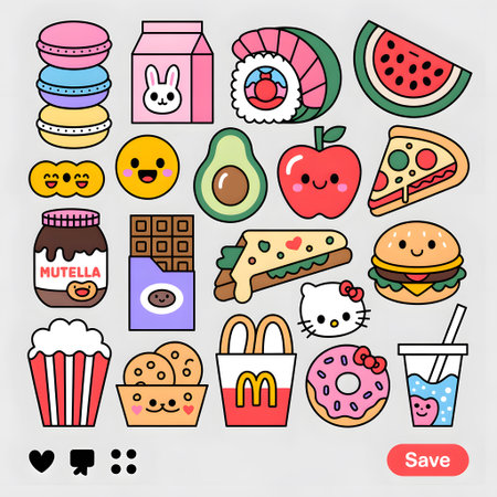 A collection of cute, cartoon-style illustrations of various foods and drinks. Clear details and ...の写真素材