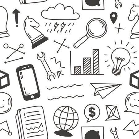 A black and white doodle pattern featuring various business and technology related icons on a...の写真素材