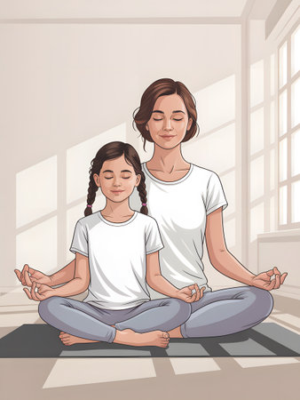 Mother and daughter meditating in a room with sunlight streaming through a window. Clear details ...の写真素材