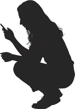 Internet showing silhouette of woman crouching and using mobile phone keywords: silhouette,...の写真素材