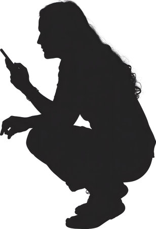 Silhouette of a woman crouching and looking at her smartphone on a white background.の写真素材