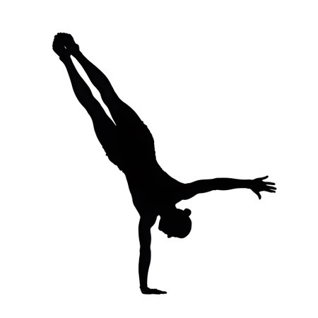 Black silhouette of a man in a handstand pose with arms and legs extended. Clear details and vibr...の写真素材