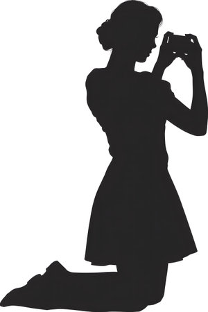 Black silhouette of a woman kneeling and holding a camera to take a picture. Clear details and vi...の写真素材