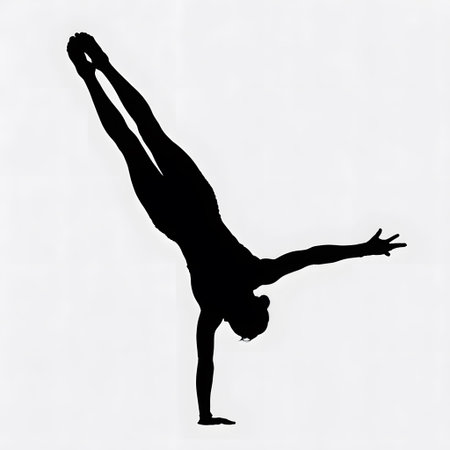 A black silhouette of a gymnast performing a one-handed handstand against a white background.