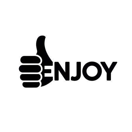 Black and white graphic combining a thumbs up icon with the word ENJOY. Clear details and vibrant...の写真素材