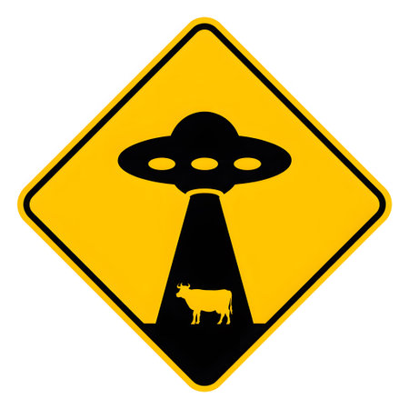 Yellow diamond warning sign with a black silhouette of a UFO abducting a cow. Clear details and v...