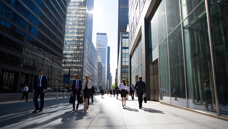 Business people walk on a sunlit sidewalk between tall modern city buildings. Clear details and v...の写真素材