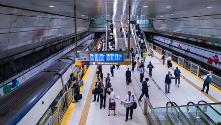 A busy subway station platform with trains arriving and commuters waiting to board.