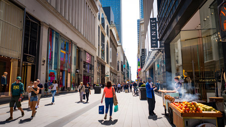 People stroll along a busy city shopping street with storefronts and a food cart. Clear details are visible, capturing the essence of urban life.の写真素材