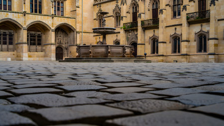 Cobblestone courtyard with an ornate stone fountain in front of a historic building.の写真素材
