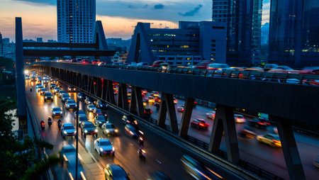 Image showing busy city highway bridge with traffic at dusk. High resolution image suitable for...の写真素材