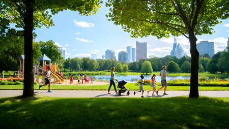 People enjoying a sunny day in a park with a playground, lake, and city skyline in the background.の写真素材