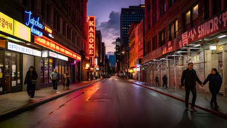 A city street glows with neon signs, including a prominent karaoke sign at dusk.の写真素材