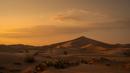 Golden desert sand dunes glow under a warm sunset sky with sparse vegetation. Clear details and v...の写真素材