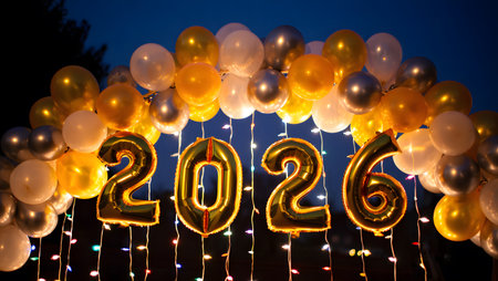 A festive New Year 2026 celebration with gold, silver, and white balloons and string lights at...の写真素材