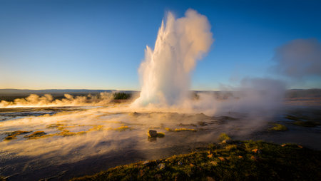 A geyser erupts with a powerful plume of steam and hot water against a clear blue sky.の写真素材