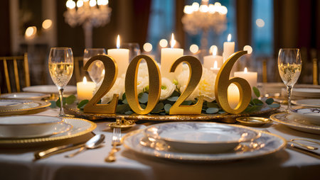 A formal table setting features golden 2026 numbers, lit candles, and champagne glasses.の写真素材