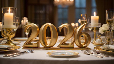 Golden 3D numbers spelling 2026 sit on a formal table setting with candles and champagne.の写真素材