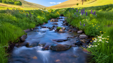 A clear stream flows over rocks through a lush green meadow filled with colorful wildflowers.の写真素材
