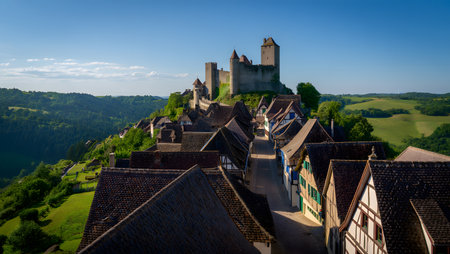 A historic medieval castle sits atop a hill overlooking a village with traditional tiled roofsの写真素材