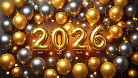 Gold and silver balloons form the numbers 2026 surrounded by bokeh lights for a celebration.