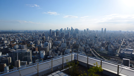 A wide panoramic view of a dense cityscape with numerous buildings and skyscrapers under a clear...の写真素材