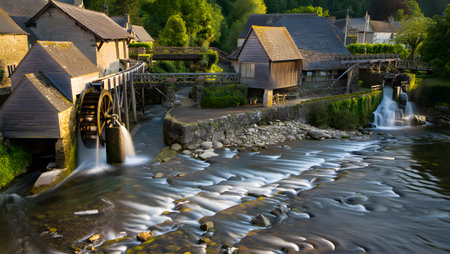 An old watermill village with water wheels and a flowing river in a natural setting.の写真素材