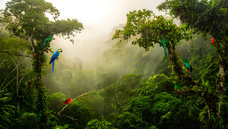 Rainforest showing lush green rainforest with parrots perched on branches. High resolution image...