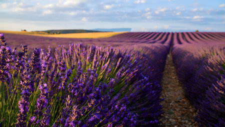 Close-up of purple lavender flowers in a field with rows stretching into the distance.の写真素材