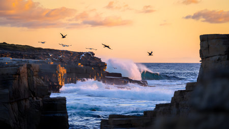 Seagulls soar above powerful waves crashing against rugged rocks on a coastline during a vibrant...の写真素材