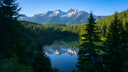 Image showing tranquil lake reflecting snow-capped mountains and forest. High resolution image...の写真素材