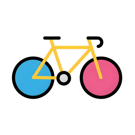 A yellow bicycle with a blue front wheel and pink back wheel on a white background.の写真素材