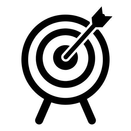 A black and white archery target with an arrow hitting the bullseye on a white background.の写真素材