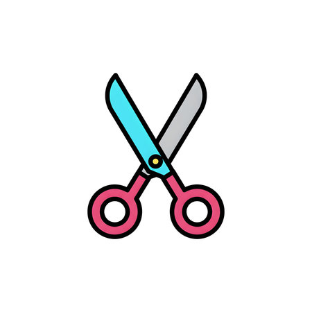 A flat icon of open scissors with pink and blue handles on a white background. Clear details and ...