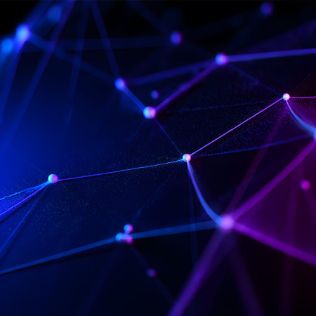 Close-up of a glowing digital network with interconnected nodes in blue and purple.