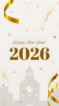 Golden ribbons and confetti surround the year 2026 and a silhouetted clock tower. Clear details a...