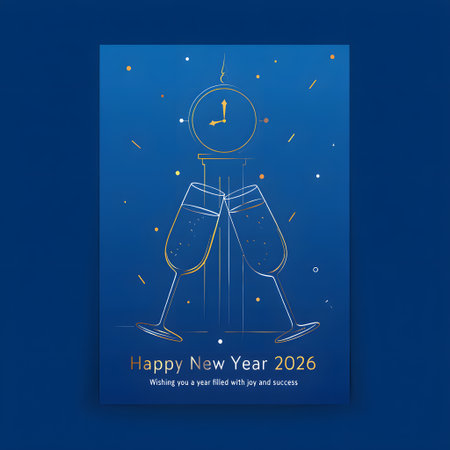 New Year 2026 celebration with champagne glasses, a clock, and confetti on blue. Clear details an...の写真素材