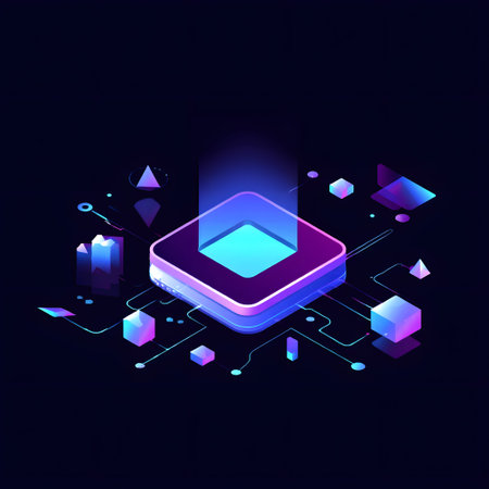 Abstract geometric shapes with glowing neon lights against a dark background. Clear details and v...