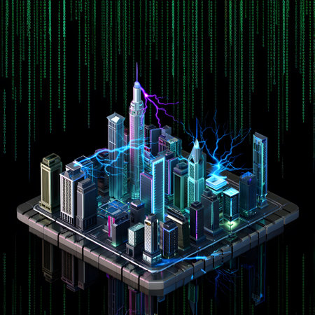 A futuristic city with glowing skyscrapers illuminated by lightning and digital rain.