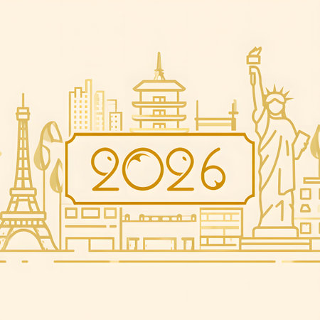 Stylized illustration of global landmarks and city skyline with the year 2026. Clear details and ...