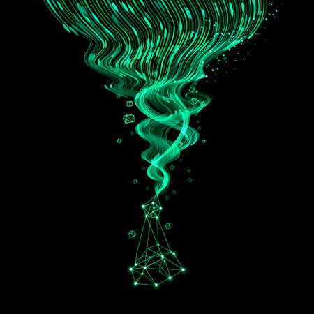 A green digital vortex with swirling lines, geometric shapes, and a glowing network structure.