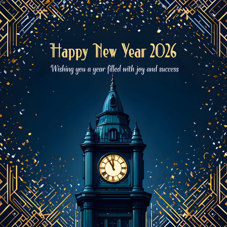 Clock tower at midnight with falling confetti and art deco frame for New Year 2026.