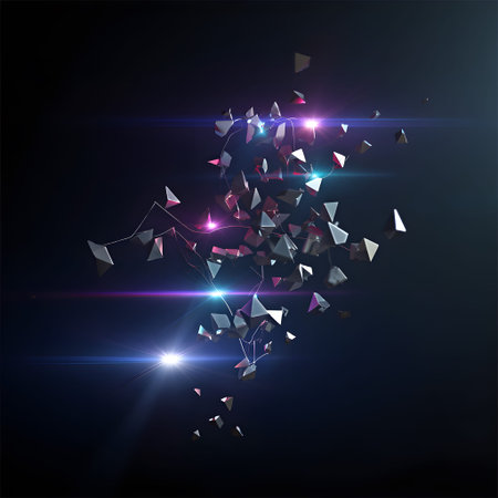 A dynamic cluster of metallic geometric shards explodes with bright light flares. Clear details a...