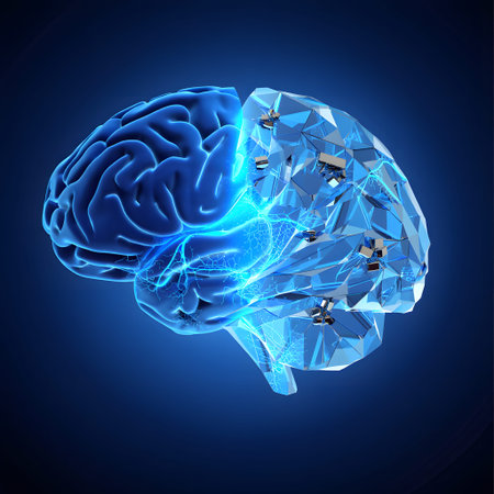 A human brain depicted with crystalline and digital elements, glowing blue. Clear details and vib...