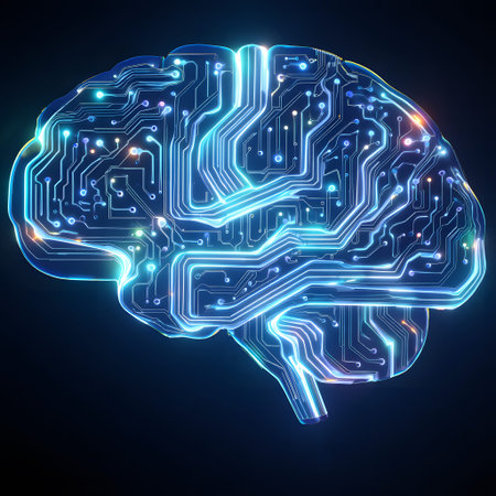 Silhouette of a human brain formed by glowing blue digital circuit board lines. Clear details and...