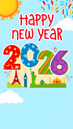Colorful illustration of world landmarks and the year 2026 with confetti and clouds.