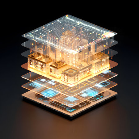 Layered digital cityscape integrated with microchip components and glowing golden light.の写真素材
