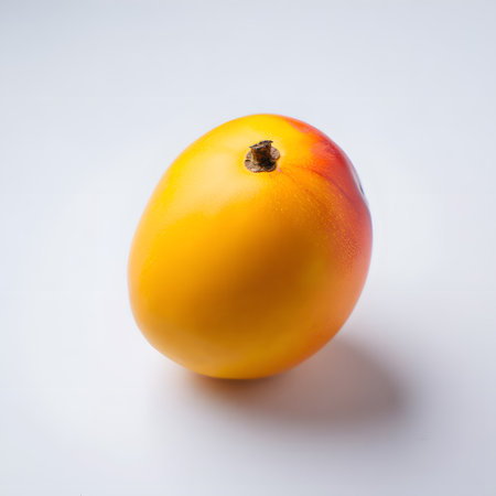 Bright yellow mango fruit with red accents isolated.の写真素材