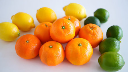 A collection of fresh oranges, lemons, and limes arranged on a white surface. Clear details and v...