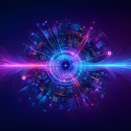 A glowing abstract digital network hub with blue and purple neon light trails emanating outwards.